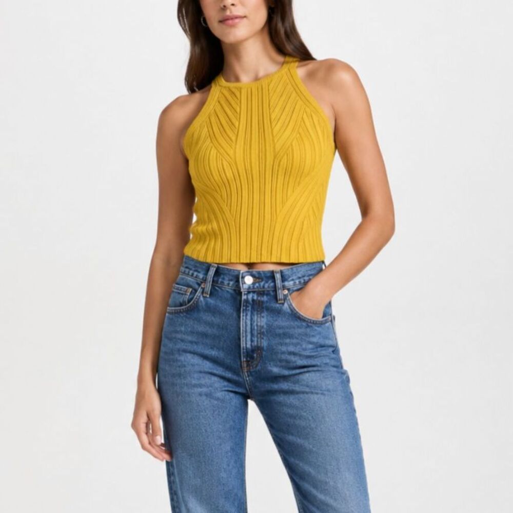 THE‎ SEI Ribbed Halter Top Women’s Petite XS Mustard Knit Minimal Chic Stretch